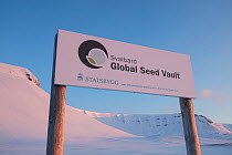 Sign for Global Seed Vault, Spitsbergen, Svalbard, Norway, April