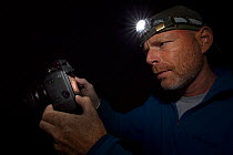 Wildlife Photographer Ingo Arndt on location, taking pictures on leopard slug (Limax maximus) during the night and checking pictures on the camera display, Swizerland