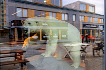 Polar bear  stuffed animal in shop window,  Longyearbyen, Svalbard, July 2016.