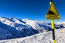 Sign about high risk of avalanches in Valloire Ski Resort, Dept. of Savoie in the French Alps. Maurienne Valley. Savoie. France.