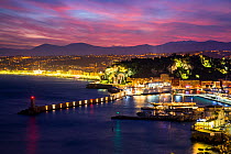 Water front of Villefranche-sur-mer harbour by night, Nice, French Riviera. France.