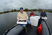 European eel (Anguilla anguilla) elvers transported in insulated boxes on an inflatable boat during a reintroduction project run by Severn and Wye Smokery and UK Glass Eels, Lake Llangorse, Breacon Be...