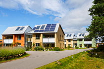 Ecological sustainable housing with solar panels. Findhorn Foundation, Forres, Inverness, Scotland, UK, August.