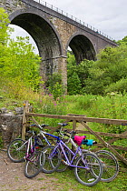 Bicycles parked near the Headstone Viaduct, part of the Monsal Trail cycle route, Peak District National Park, Derbyshire, UK July
