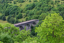 Walkers and cyclists on the Headstone Viaduct, which crosses Monsal Dale and the River Wye, and is part of the Monsal Trail cycle route.  Peak District National Park, Derbyshire, UK July