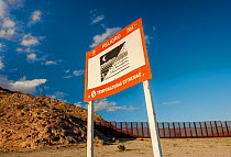 Border wall constructed of welded steel, between Arizona and Sonora, Mexico cutting through the Sonoran Desert. Pinacate and Grand Desert Biosphere Reserve, Mexico. January 2009.