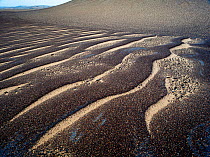 Black sands over-laying the beige sand dunes of the Skeleton Coast, forming wind-blown patterns near the coast. Namibia, November 2009.