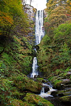 Pistyll Rhaeadr waterfall showing top section - near Llanrhaeadr-ym-Mochnant, Powys, North Wales, UK, October 2016.