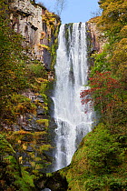 Pistyll Rhaeadr waterfall showing top section - near Llanrhaeadr-ym-Mochnant, Powys, North Wales, UK, October 2016.