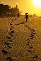 Footprints in sand of women carrying baskets of prawns along beach, Beira, Mozambique June 2011
