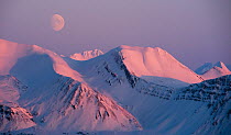 Bellsund with moon, Spitsbergen, Svalbard, Norway, March 2016.