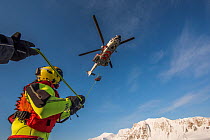 Search and Rescue helicopter winter training in Bellsund, Svalbard, Norway, March.