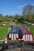 Narrow boats in a lock on the Kennet and Avon canal, Caen Hill, Devizes, Wiltshire, UK, April 2014.