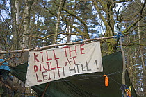 Kill the Drill at Leith Hill sign at Oil drilling and fracking protest camp, Leith Hill, Surrey, UK. March, 2017