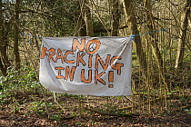 No Fracking in UK sign at Oil Drilling and Fracking Protest Camp, Leith Hill, Surrey, UK. March, 2017