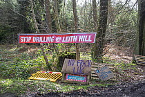 Stop Drilling at Leith Hill sign at Fracking Protest Camp, Leith Hill, Surrey, UK. March, 2017