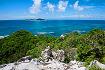 Cousine Island, a privately owned island and nature reserve, one of the few remaining rat-free islands of the inner Seychelles, off the south-west coast of Praslin Island, seen from Cousin Island, Rep...