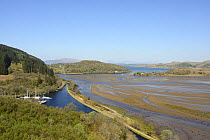 Overview of the Crinan canal and the Add river estuary flowing into Loch Crinan, Argyll, Scotland, UK, May 2016.