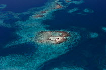Aerial view of southern Belize barrier reef, showing Gladden Spit and Silk Cayes Marine Reserve, off Placencia. UNESCO Natural World Heritage Site. Central America, Caribbean Sea.