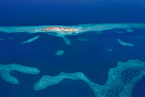 Aerial view of Laughing Bird Caye, a narrow sand caye (small island), in Laughing Bird Caye National Park. Belize Barrier Reef Reserve System UNESCO Natural World Heritage Site. Central America. Carib...