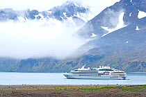 Le Lyrial expedition cruise ship sailing in Fortuna Bay, South Georgia. December 2015.