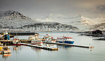 Harbour at Djupivogur with Berufjordur beyond, eastern Iceland, February 2016.