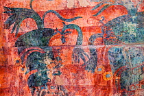 Original Mayan painting in the Bonampak ruins, Montes Azules Biosphere Reserve, Chiapas, Mexico, March 2017.