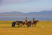 Horse riders and dogs by Song Kul Lake, Kyrgyzstan. August 2016.