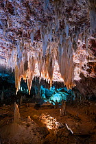 Stalagmite and stalactites, El Soplao cave, Cantabria, Spain, July 2016.
