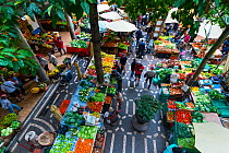 Aerial view of stalls in farmers' market, Funchal, Madeira Island, Portugal, March 2016.