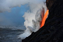 RF - Hot lava from the 61G flow from Kilauea Volcano entering the ocean from the open end of a lava tube at the Kamokuna entry in Hawaii Volcanoes National Park, producing steam explosions that carry...