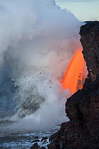 Hot lava from the 61G flow from Kilauea Volcano entering the ocean from the open end of a lava tube at the Kamokuna entry in Hawaii Volcanoes National Park, producing steam explosions that carry pumic...