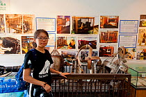 Animals Asia volunteer standing in front of a display about bear bile farming and a disused, rusty cage full of illegal metal jackets used to hold a catheter in place so that bile can constantly leak...