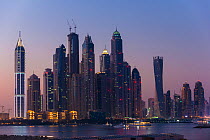 Dubai Marina skyline at twilight, Dubai, United Arab Emirates, November 2013.
