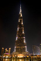 The Burj Khalifa, the tallest building in the world, lit up at night, Dubai, United Arab Emirates, November 2013.