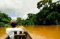 Man navigating canoe along rivers in Rio Platano Biosphere Reserve and UNESCO World Heritage Site, La Mosquitia, Honduras. June 2008.