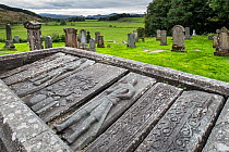 Carved Kilmartin Stones, collection of 79 ancient graveslabs at Kilmartin Parish Church, Argyll, Scotland, UK, September 2016