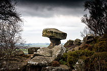 Druids Writing Desk, rock pedestal created by variable erosion of soft and hard layers of carboniferous age millstone grit, Brimham Rocks, Harrogate, Yorkshire, England, UK, October 2016.