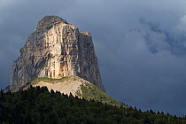 Mont Aiguille limestone mesa in Chichilianne Isere Region Vercors Regional Natural Park, France, June 2016.