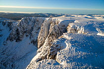 Mountain top encrusted in snow, west buttress of Lochnagar, Deeside, Cairngorms National Park, Scotland, UK, March 2017.