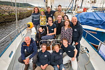 Research crew on yacht operated by By The Ocean We Unite Foundation, a Dutch charity exploring microplastics in the North Sea, Inverness, Scotland, UK,  June 2017
