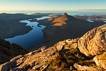 Stac Pollaidh and Loch Lurgainn with Achiltibuie and Summer Isles beyond, looking west from Cul Beag, Coigach, Wester Ross, Scotland, UK, December