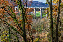 Pont Cysyllte Aqueduct taking the Llangollen canal across the River Dee, Vale of Llangollen, near Trevor, North Wales, UK, November 2016.