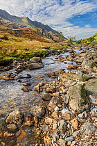 Afon (River) Nant Peris in the Llanberis Pass looking north west Snowdonia, North Wales, UK, October 2016.