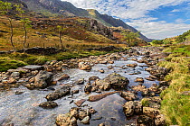 Afon (River) Nant Peris in the Llanberis Pass looking north west, Snowdonia, North Wales, UK 2016.