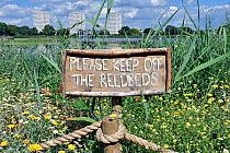 Wild flowers and reedbeds surround a sign at Woodberry Wetlands with thetower blocks of the Woodberry Down Estatein the distance. The former Stoke Newington East Reservoirin Hackneyis owned by Thames...