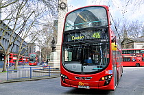 Number 476 red bus to Euston entering Euston Bus Station, London Borough of Camden, England, UK, March 2015.
