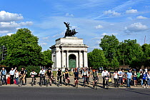 Commuter cyclists waiting for the lights to change, Hyde Park Corner, Wellington Arch in background, Central London, England, UK, June 2015.