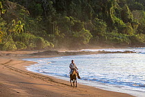 Rancher returning home on horseback on sand beach, Drake bay, Costa Rica.