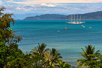 Drake bay, Osa peninsula with Sailing ship Starflyer (Star Clippers fleet), Costa Rica, March 2013.